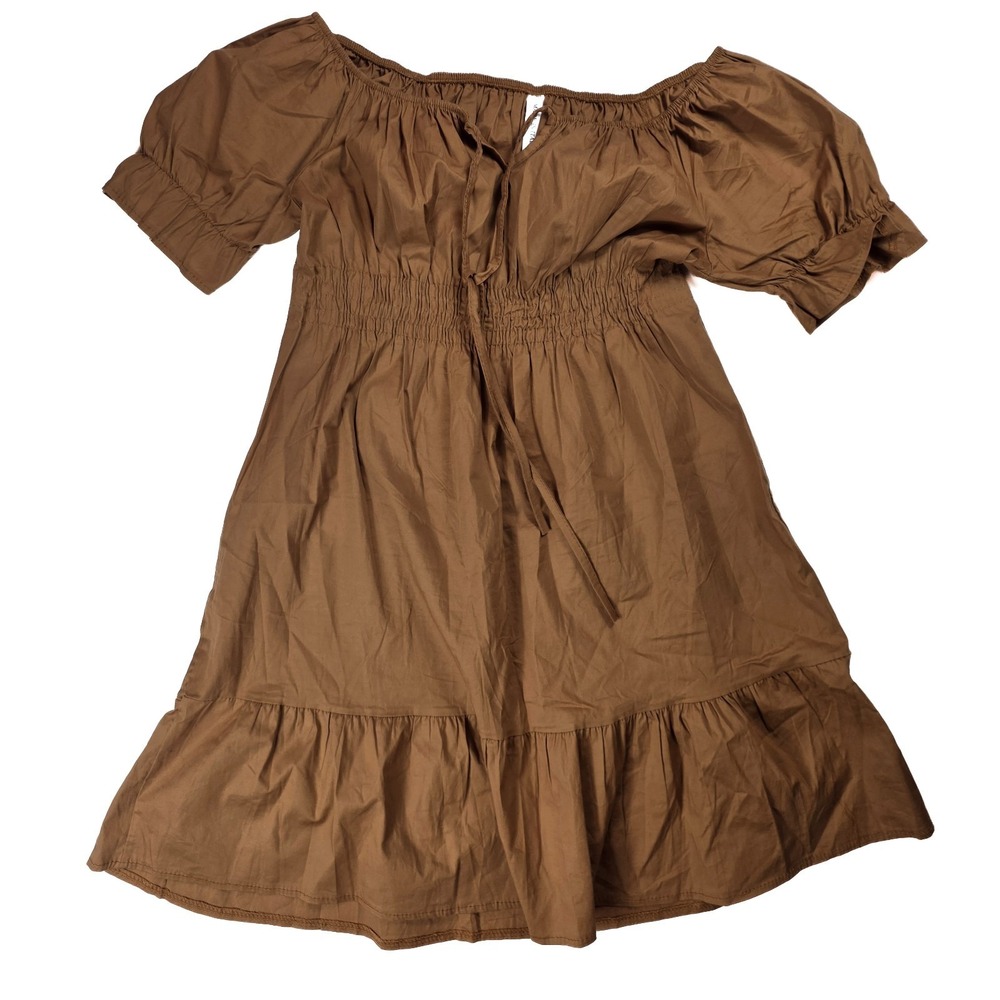 Made In Italy  Brown Cotton Peasant Off The Shoulder Dress Women's Size Small